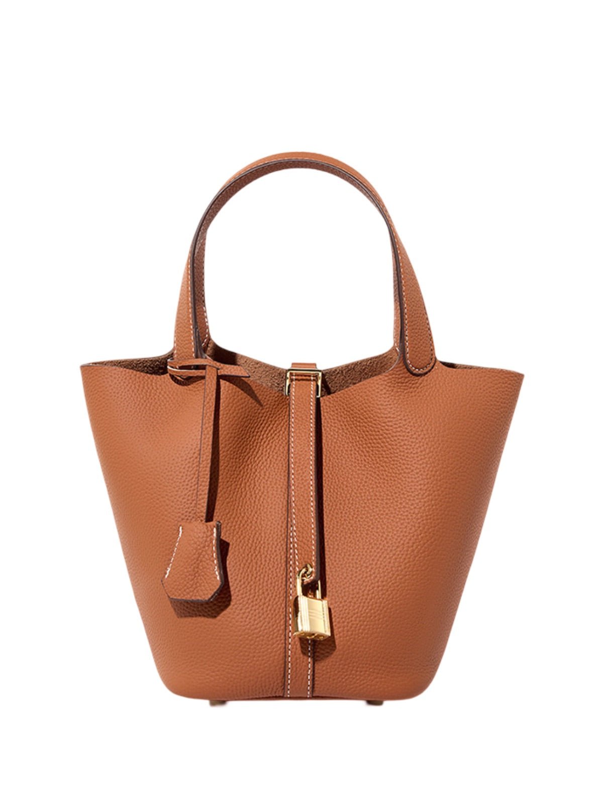 Sac à main seau en cuir, sac main femme, cabas luxe quotidien, sac cadenas, sac mode chic, modèle Elcia - Sac à main - Marron