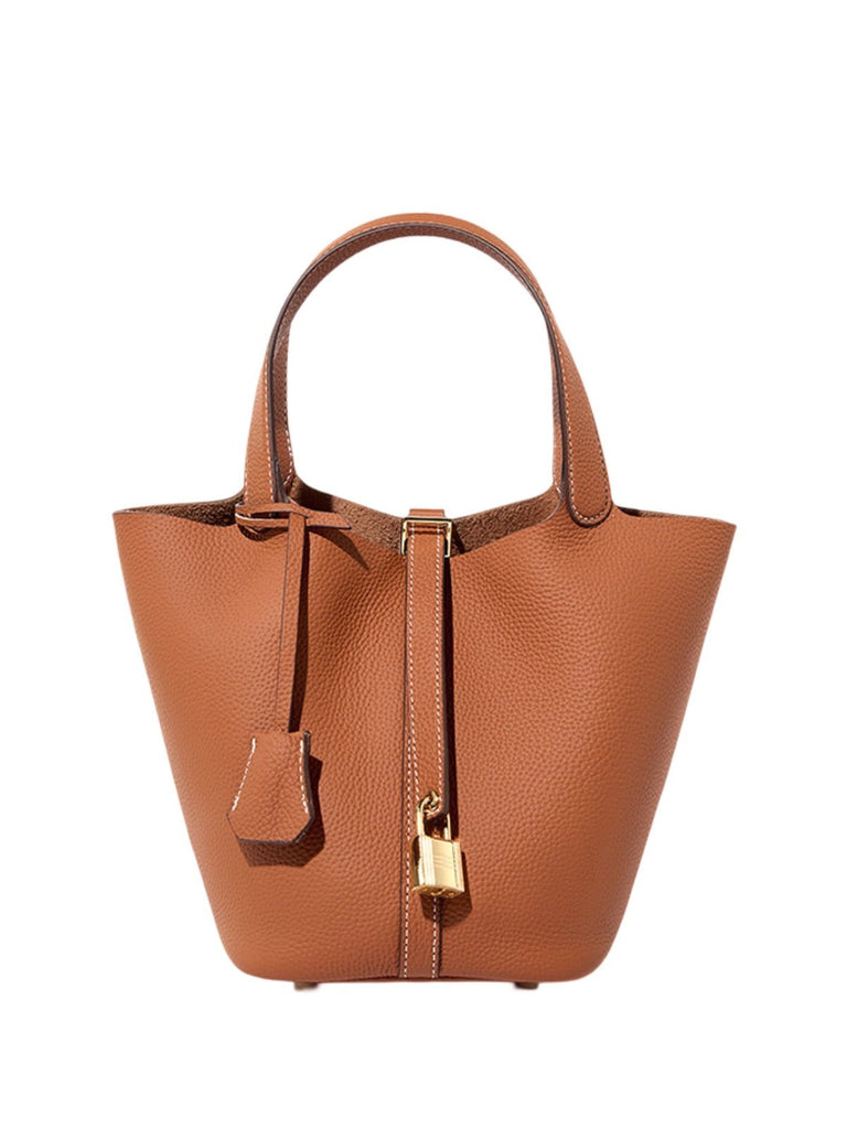 Sac à main seau en cuir, sac main femme, cabas luxe quotidien, sac cadenas, sac mode chic, modèle Elcia - Sac à main - Marron