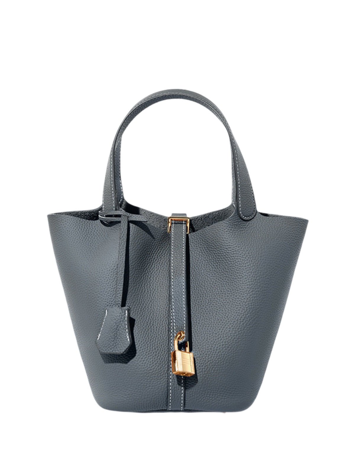 Sac à main seau en cuir, sac main femme, cabas luxe quotidien, sac cadenas, sac mode chic, modèle Elcia - Sac à main - Bleu