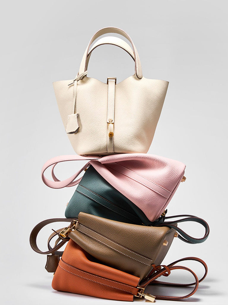Sac à main seau en cuir, sac main femme, cabas luxe quotidien, sac cadenas, sac mode chic, modèle Elcia - Sac à main - Blanc