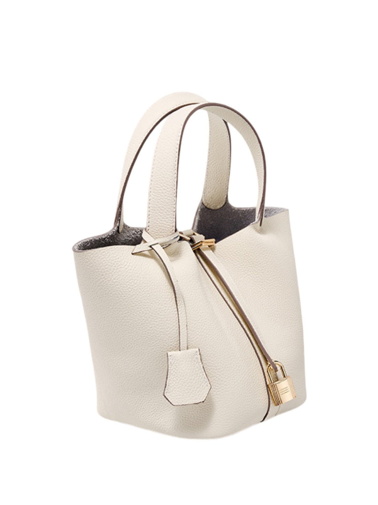 Sac à main seau en cuir, sac main femme, cabas luxe quotidien, sac cadenas, sac mode chic, modèle Elcia - Sac à main - Blanc