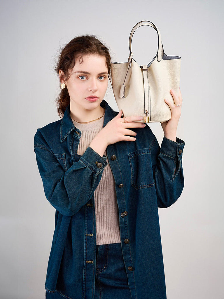 Sac à main seau en cuir, sac main femme, cabas luxe quotidien, sac cadenas, sac mode chic, modèle Elcia - Sac à main - Blanc