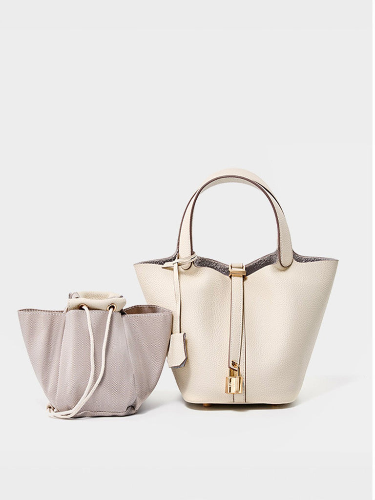 Sac à main seau en cuir, sac main femme, cabas luxe quotidien, sac cadenas, sac mode chic, modèle Elcia - Sac à main - Blanc