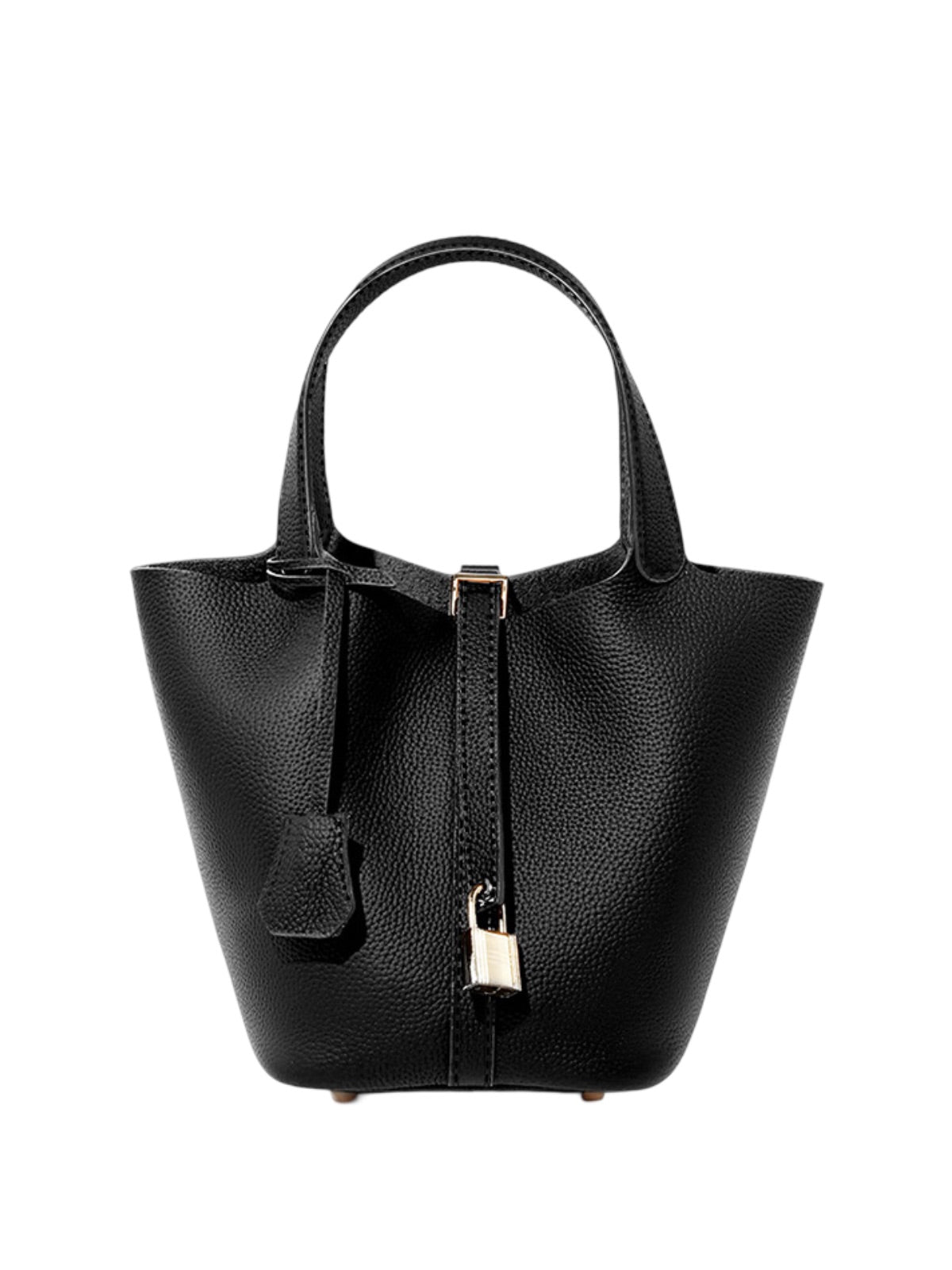 Sac à main seau en cuir, sac main femme, cabas luxe quotidien, sac cadenas, sac mode chic, modèle Elcia - Sac à main - Noir