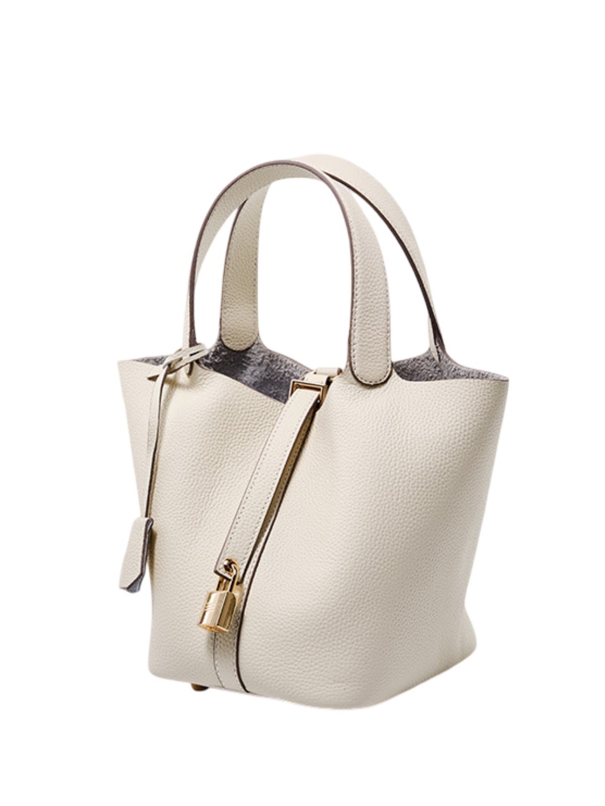 Sac à main seau en cuir, sac main femme, cabas luxe quotidien, sac cadenas, sac mode chic, modèle Elcia - Sac à main - Blanc
