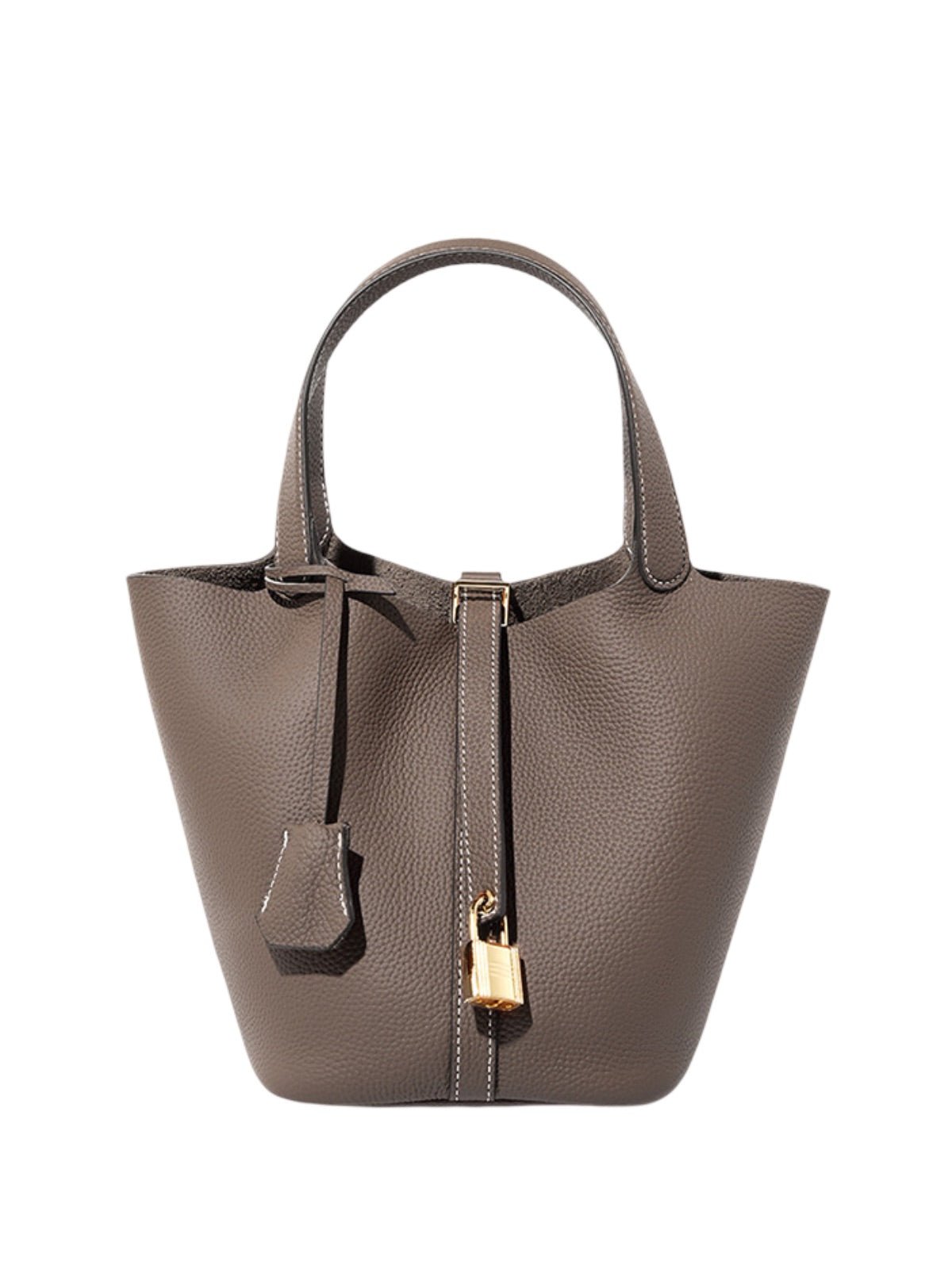 Sac à main seau en cuir, sac main femme, cabas luxe quotidien, sac cadenas, sac mode chic, modèle Elcia - Sac à main - Gris