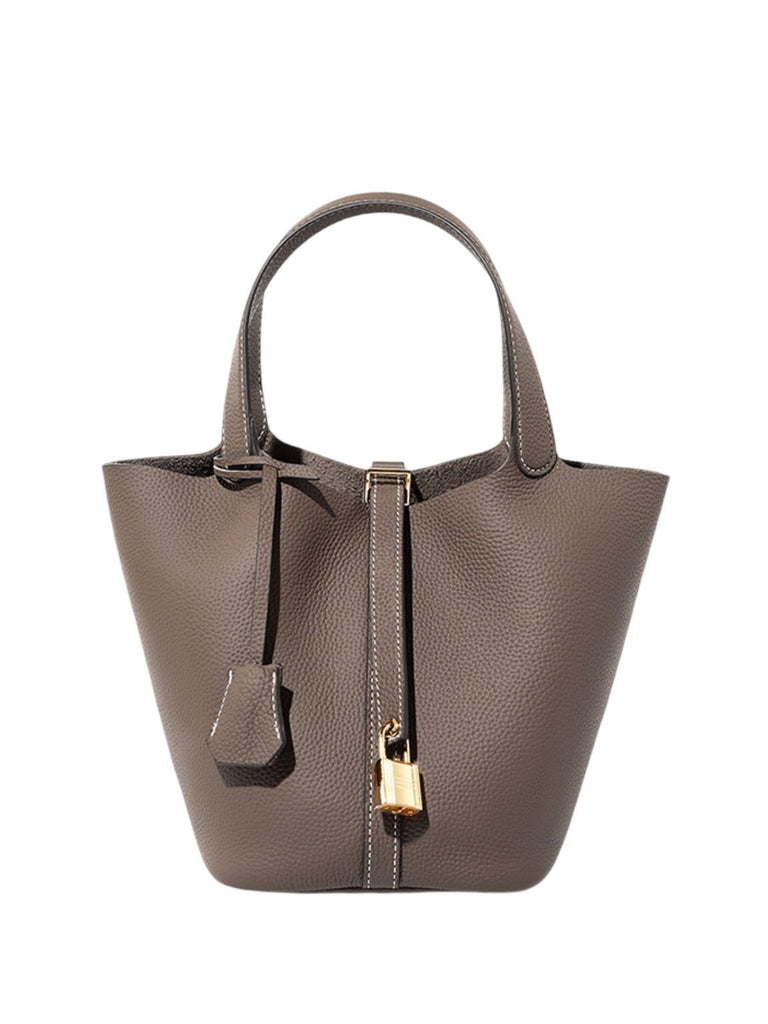 Sac à main seau en cuir, sac main femme, cabas luxe quotidien, sac cadenas, sac mode chic, modèle Elcia - Sac à main - Gris