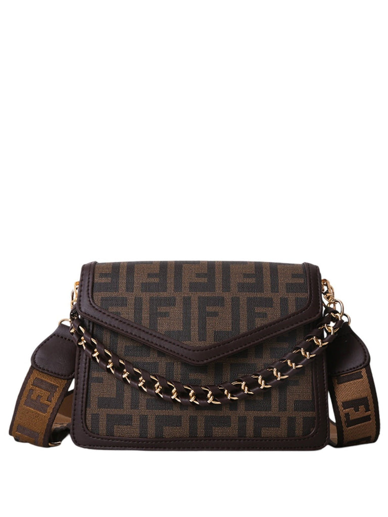 Sac à main style luxe, chaîne dorée, petit format, logo géométrique, fermeture magnétique, tissu enduit, anses réglables, modèle Fandy - Sac à main - Marron