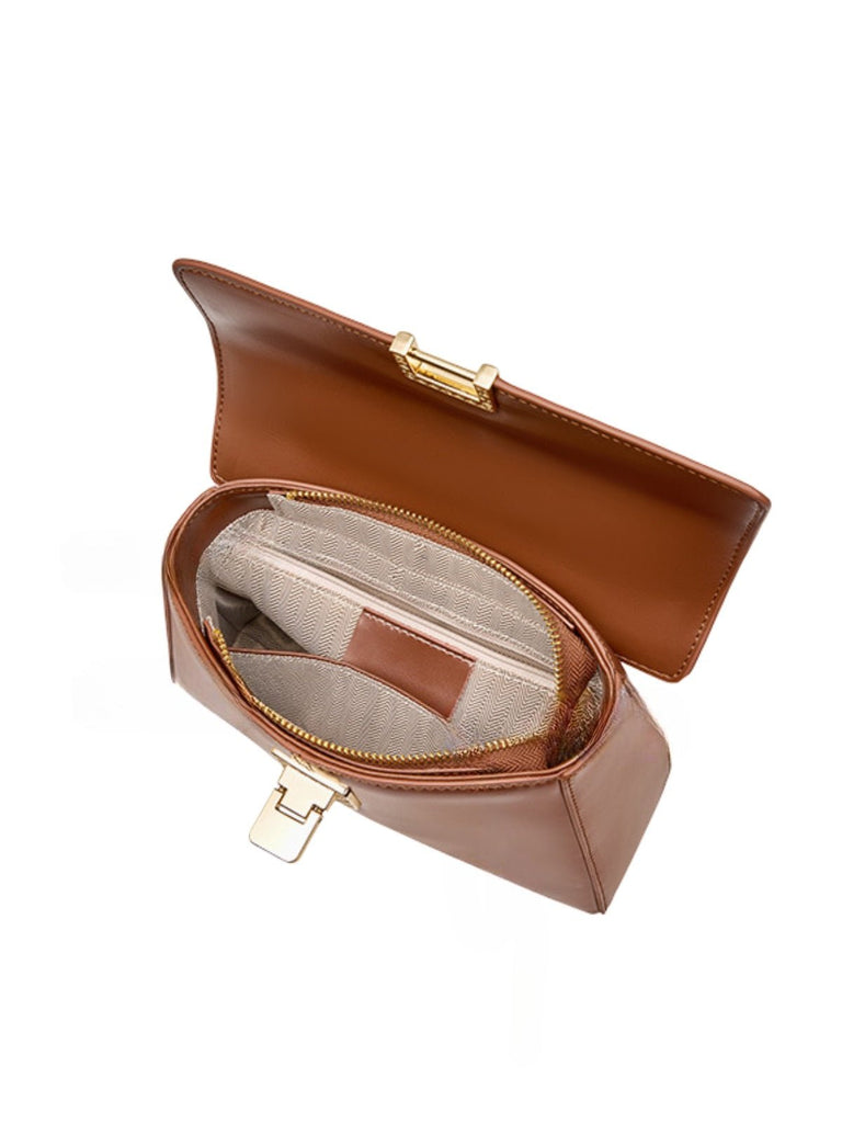 Sac à main trapèze en cuir, sac à main rigide, sac bandoulière amovible, sac fermeture à rabat, sac femme format moyen, modèle Fodiane - Sac à main - Marron