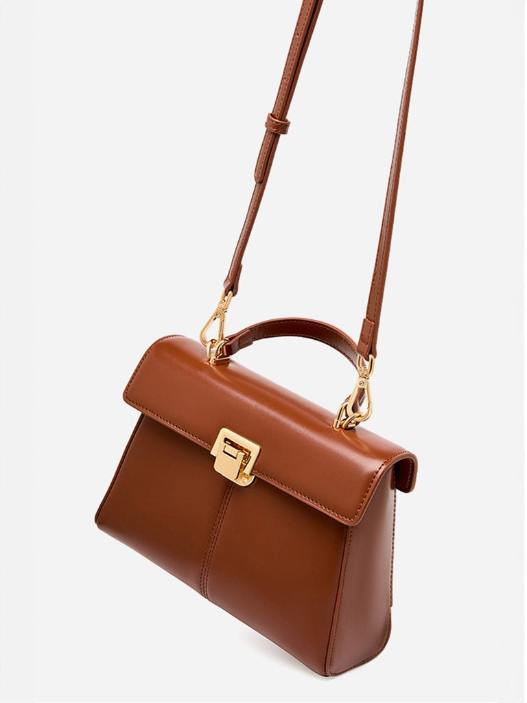 Sac à main trapèze en cuir, sac à main rigide, sac bandoulière amovible, sac fermeture à rabat, sac femme format moyen, modèle Fodiane - Sac à main - Marron