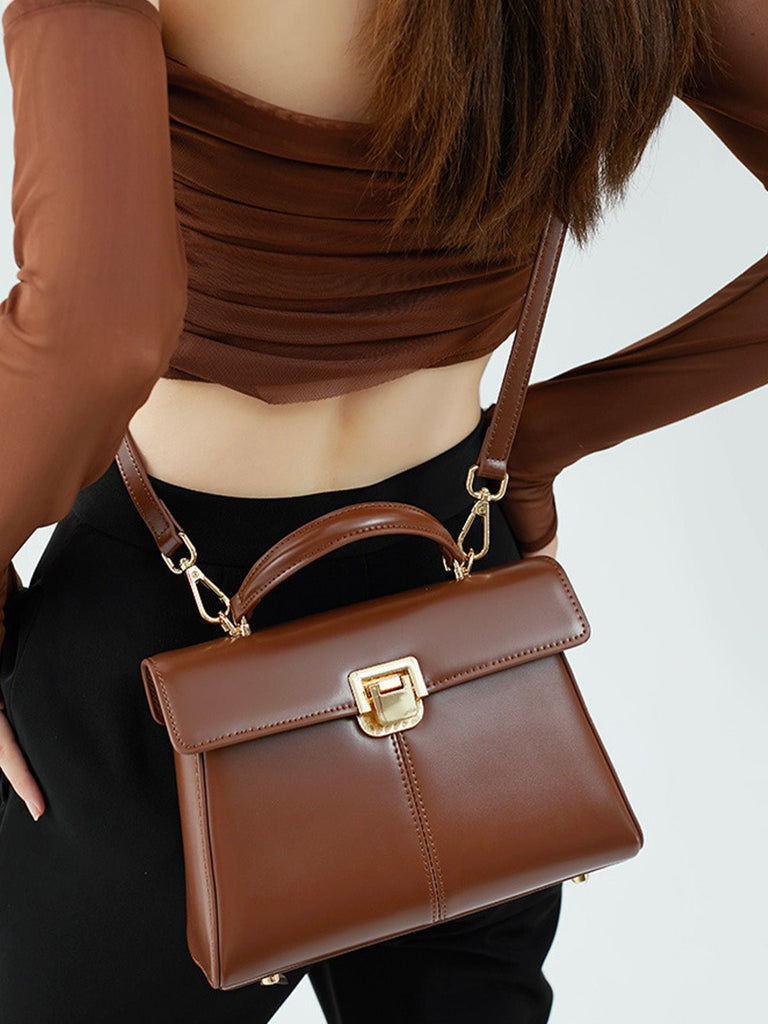 Sac à main trapèze en cuir, sac à main rigide, sac bandoulière amovible, sac fermeture à rabat, sac femme format moyen, modèle Fodiane - Sac à main - Marron