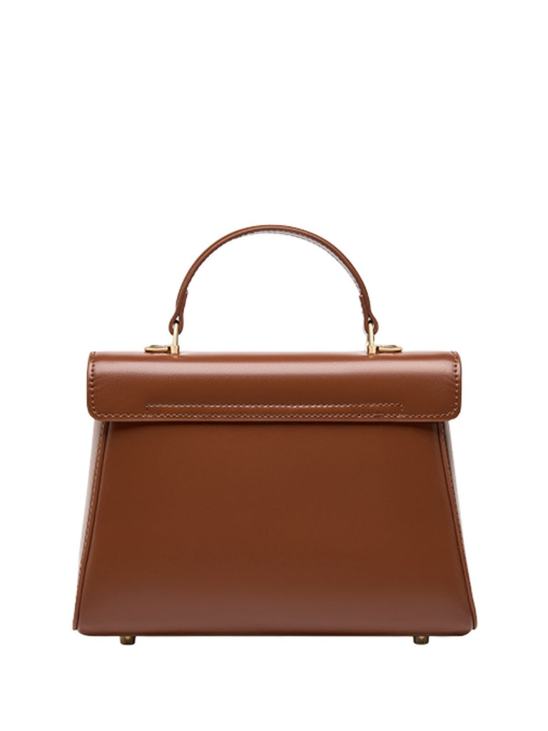 Sac à main trapèze en cuir, sac à main rigide, sac bandoulière amovible, sac fermeture à rabat, sac femme format moyen, modèle Fodiane - Sac à main - Marron