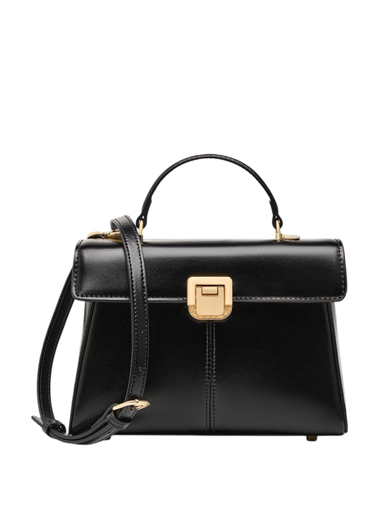 Sac à main trapèze en cuir, sac à main rigide, sac bandoulière amovible, sac fermeture à rabat, sac femme format moyen, modèle Fodiane - Sac à main - Noir