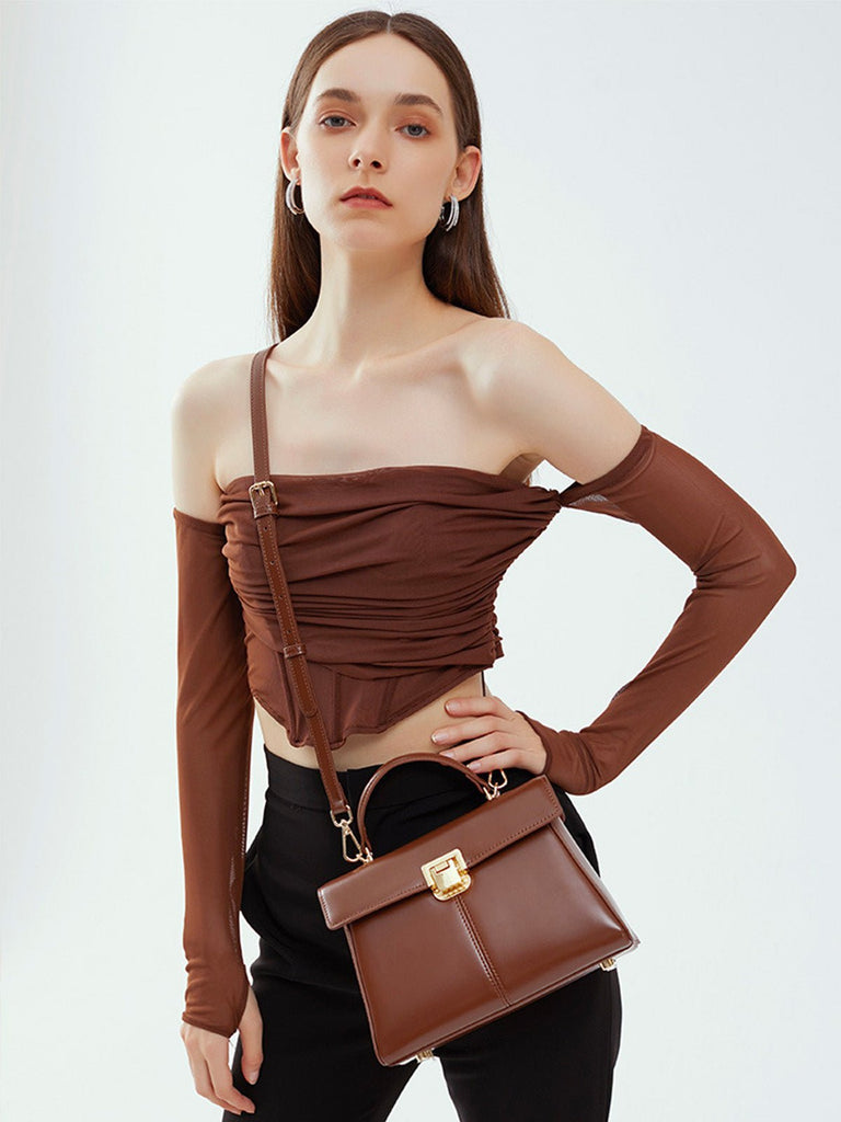 Sac à main trapèze en cuir, sac à main rigide, sac bandoulière amovible, sac fermeture à rabat, sac femme format moyen, modèle Fodiane - Sac à main - Marron