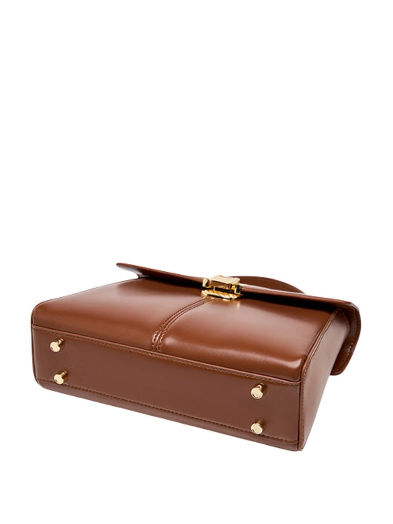 Sac à main trapèze en cuir, sac à main rigide, sac bandoulière amovible, sac fermeture à rabat, sac femme format moyen, modèle Fodiane - Sac à main - Marron