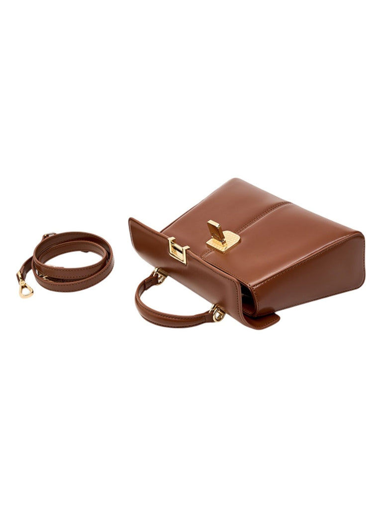 Sac à main trapèze en cuir, sac à main rigide, sac bandoulière amovible, sac fermeture à rabat, sac femme format moyen, modèle Fodiane - Sac à main - Marron