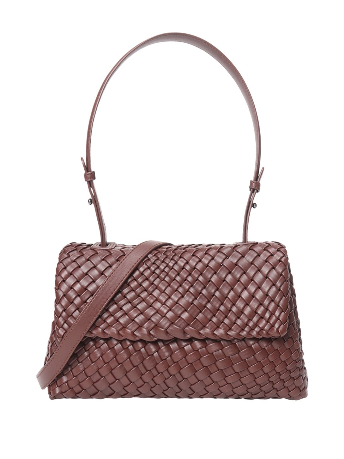 Sac à main tressé, format moyen, porté épaule ou main, simili vegan marron, rabat aimanté, modèle Cherifa - Sac à main - Marron