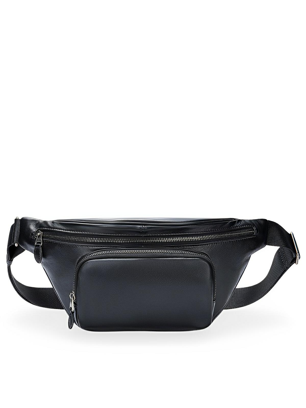 Sac banane en cuir mixte, multiple compartiments, poche sécurisée, au design urbain, modèle Eudoxe - Sacoche - Noire