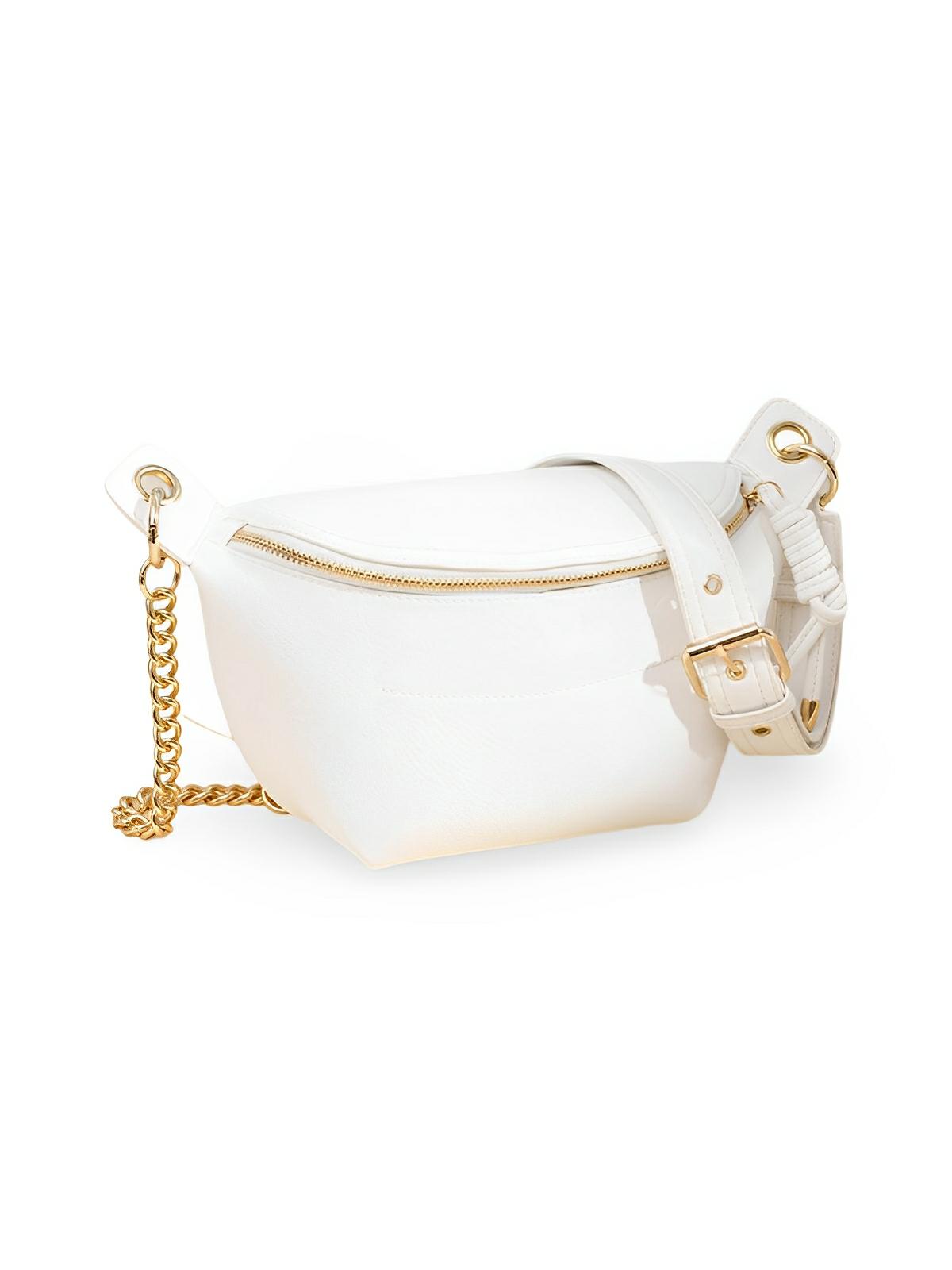 Sac banane femme rétro, simili vegan, bandoulière chaîne, compact et pratique, idéal pour le quotidien, modèle Tonyah - Sacoche - Blanc