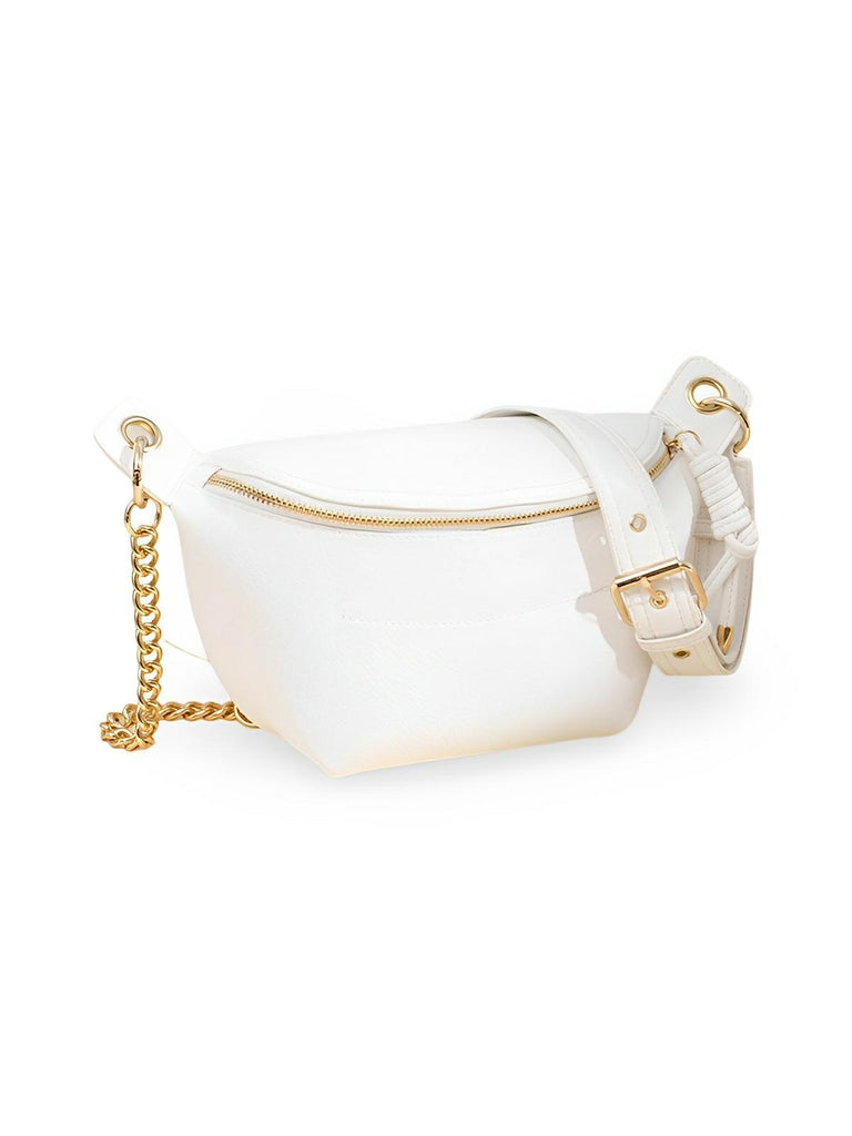 Sac banane femme rétro, simili vegan, bandoulière chaîne, compact et pratique, idéal pour le quotidien, modèle Tonyah - Sacoche - Blanc