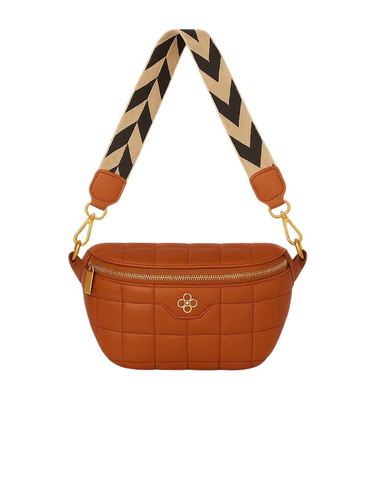 Sac banane femme, sacoche épaule, cuir vegan matelassé, anse réglable, fermeture zippée, style géométrique, modèle Elmire - Sacoche - Marron