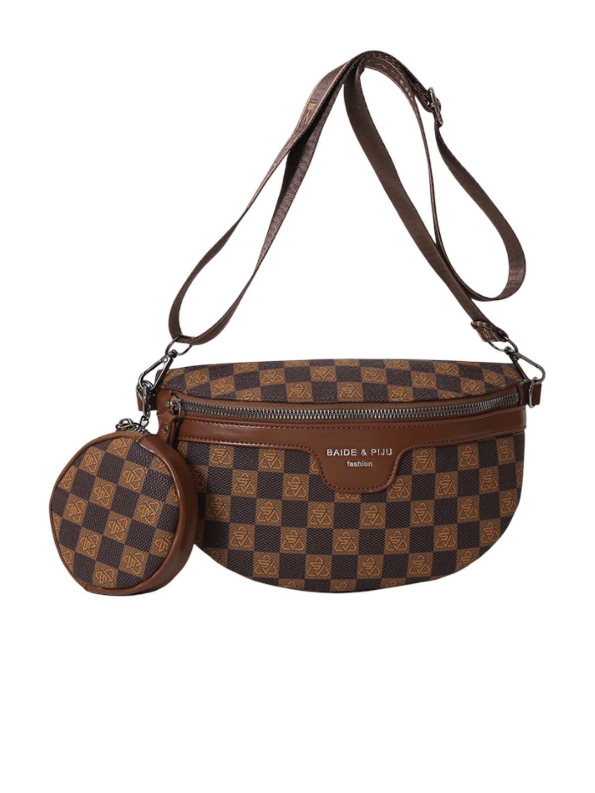 Sac banane femme, sacoche poitrine imperméable, bandoulière réglable, petit format pratique, à motif quadrillé, modèle Athalie - Sacoche - Marron