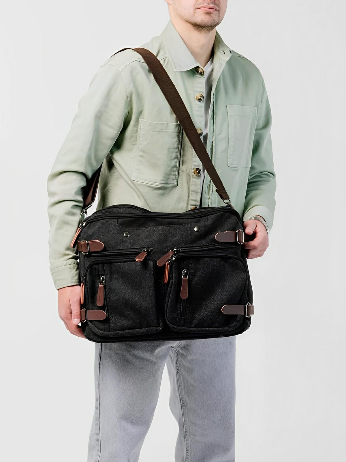 Sac bandoulière convertible en sac à dos, style business en toile canvas, multi - poches, modèle Nolan - Sac Bandoulière - Gris foncé