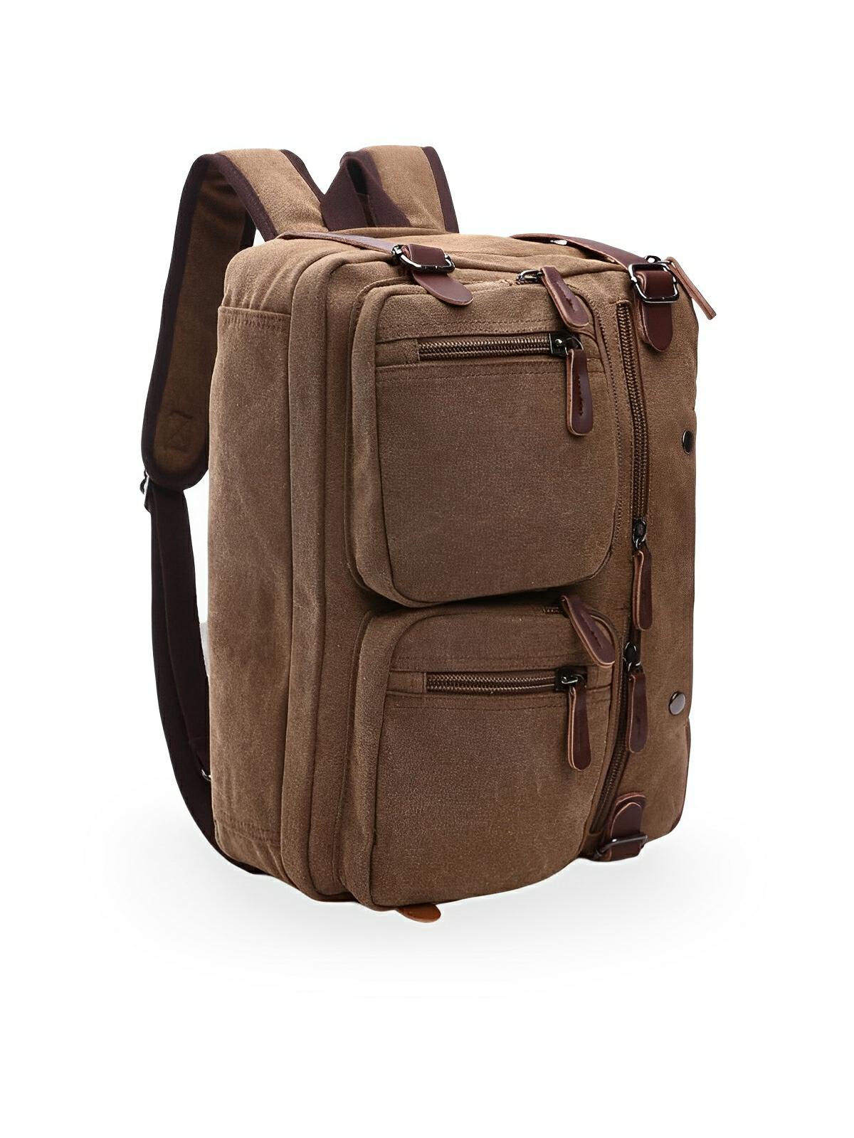 Sac bandoulière convertible en sac à dos, style business en toile canvas, multi - poches, modèle Nolan - Sac Bandoulière - Marron