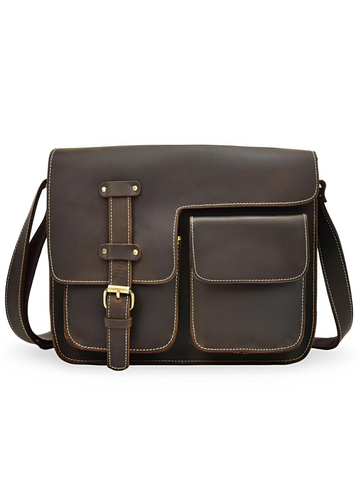Sac bandoulière en cuir véritable au design urbain, grande capacité, idéal pour iPad et documents A4, modèle Drogo - Sac Bandoulière - Café