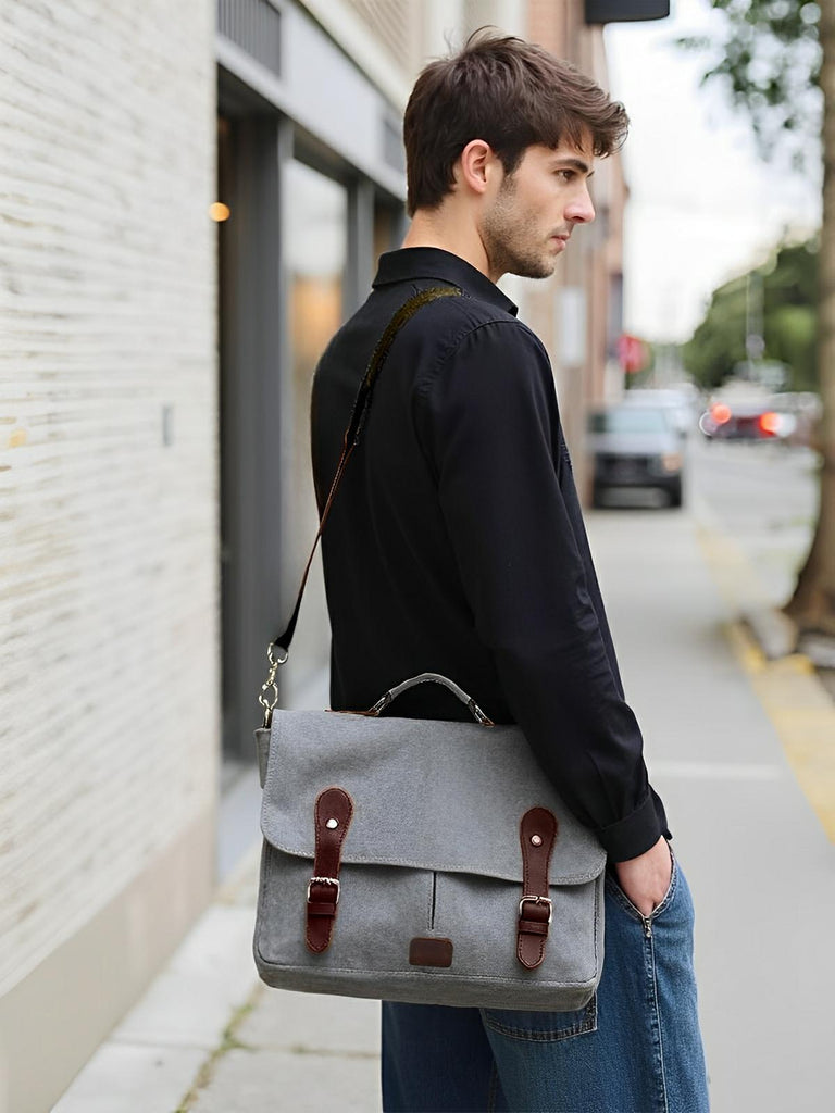 Sac bandoulière en toile, sacoche pour ordinateur 13 pouces, sac messager vintage homme, modèle Justin - Sac Bandoulière - Gris