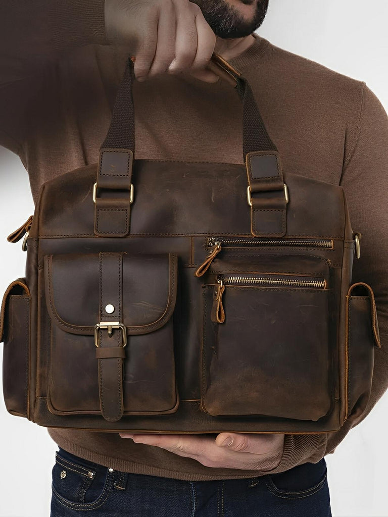 Sac bandoulière pour homme, en cuir véritable à grande capacité, style vintage, modèle Pélage - Sac Bandoulière - Café