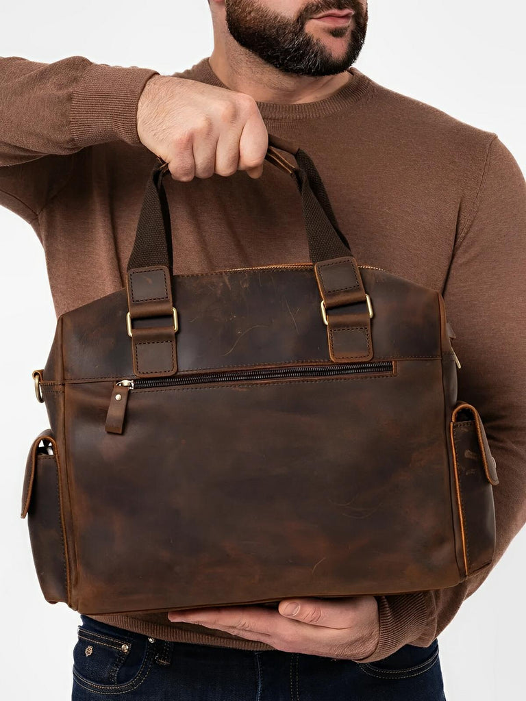 Sac bandoulière pour homme, en cuir véritable à grande capacité, style vintage, modèle Pélage - Sac Bandoulière - Café
