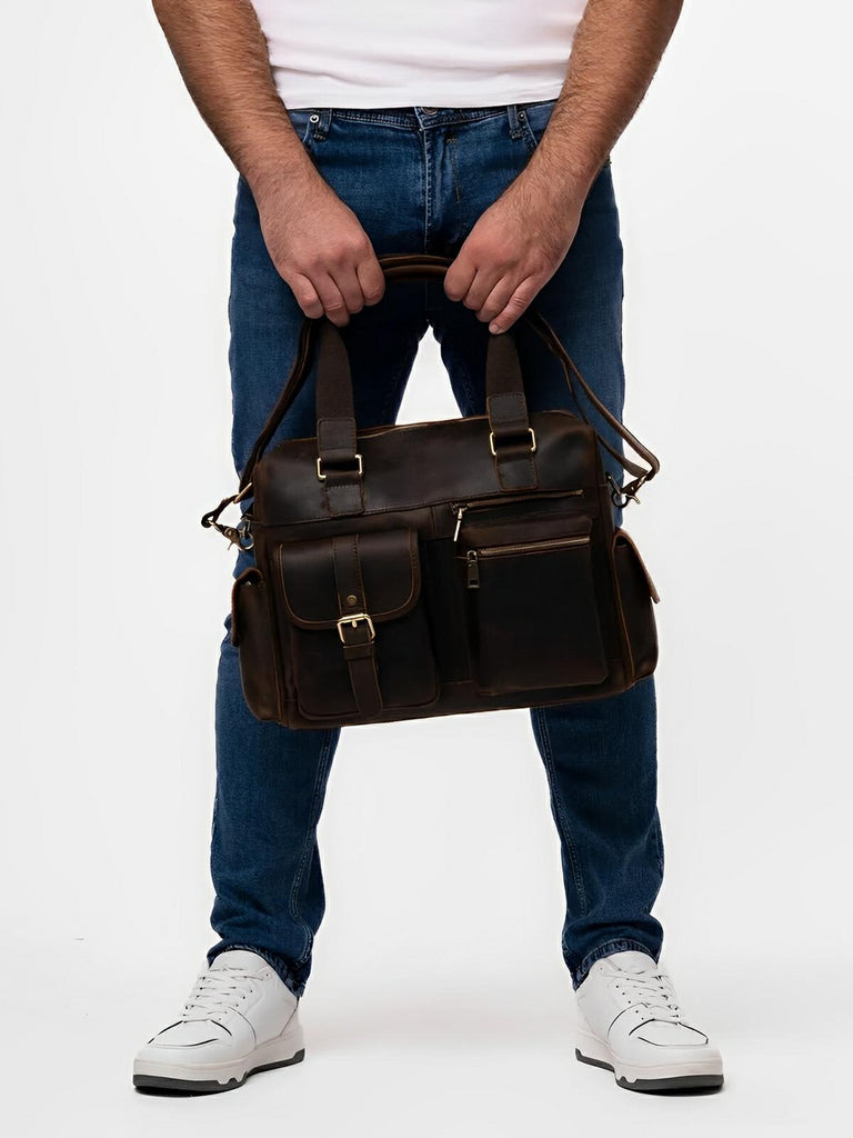 Sac bandoulière pour homme, en cuir véritable à grande capacité, style vintage, modèle Pélage - Sac Bandoulière - Café