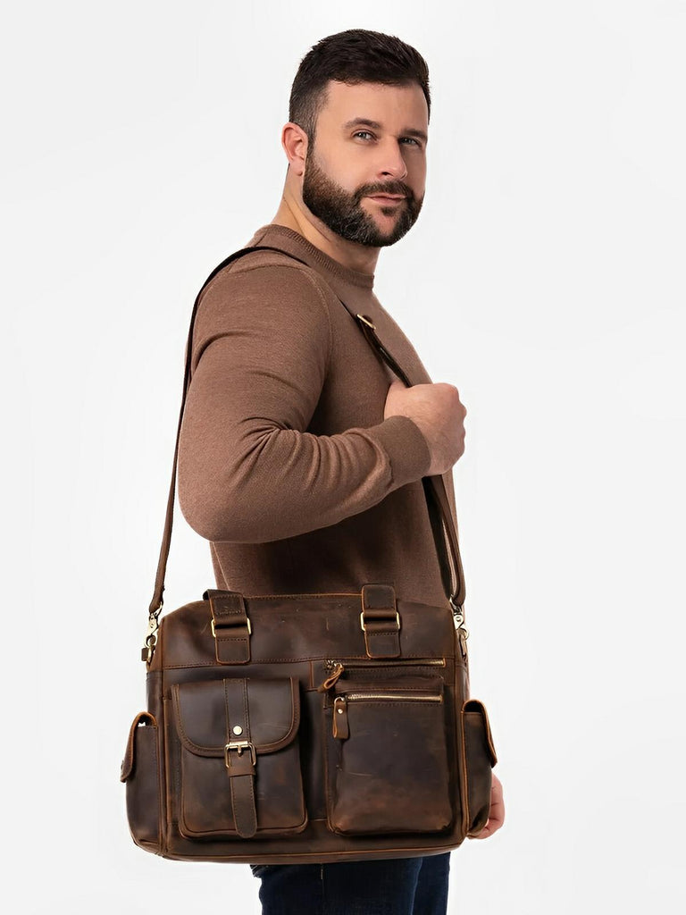 Sac bandoulière pour homme, en cuir véritable à grande capacité, style vintage, modèle Pélage - Sac Bandoulière - Café