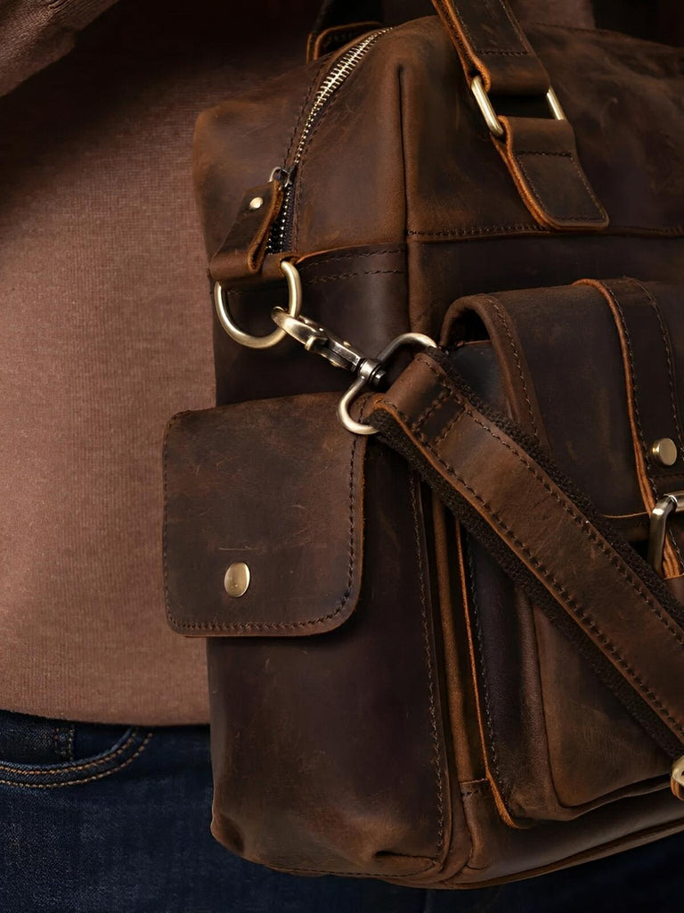 Sac bandoulière pour homme, en cuir véritable à grande capacité, style vintage, modèle Pélage - Sac Bandoulière - Café
