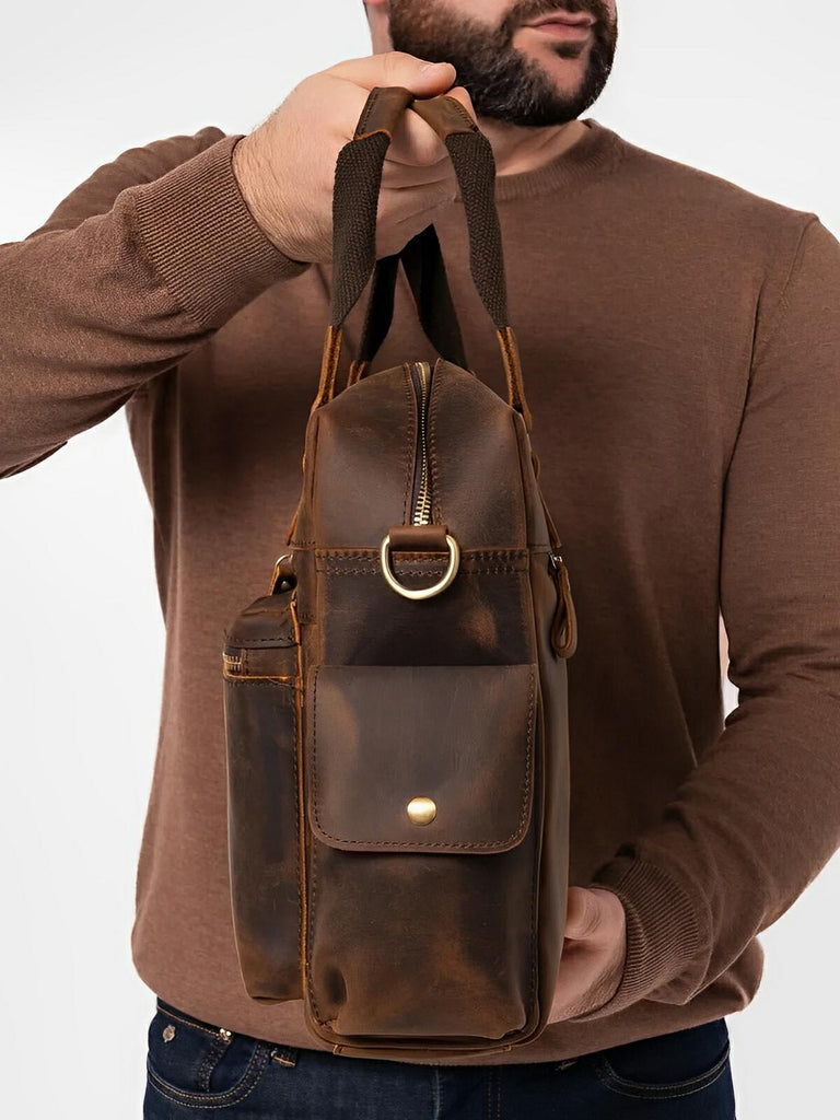 Sac bandoulière pour homme, en cuir véritable à grande capacité, style vintage, modèle Pélage - Sac Bandoulière - Café