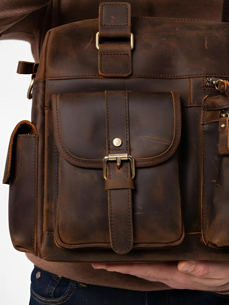 Sac bandoulière pour homme, en cuir véritable à grande capacité, style vintage, modèle Pélage - Sac Bandoulière - Café