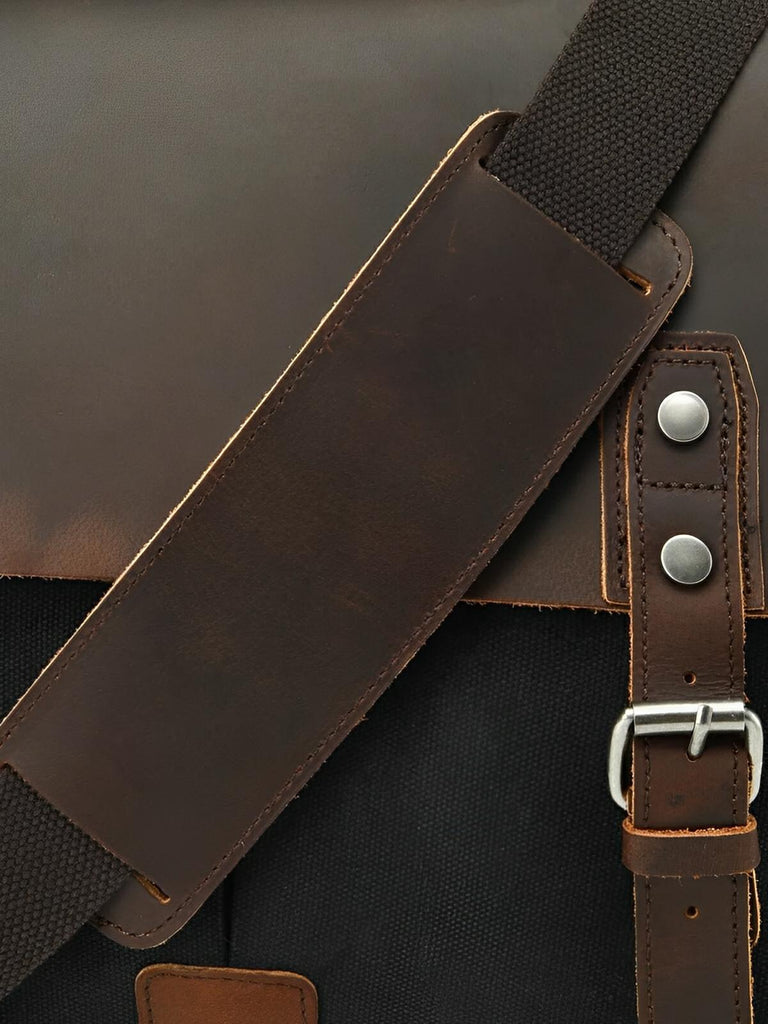 Sac bandoulière rétro, en toile cirée et cuir véritable, multi - usages, modèle Savinien - Sac Bandoulière - Noir