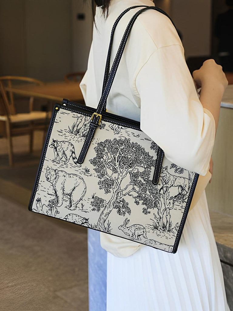 Sac cabas femme, épaule toile, grande capacité, tote bag motif animal, quotidien chic, modèle Prisca - Sac à main - Animaux de la forêt