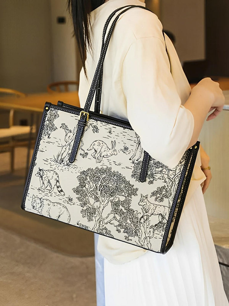 Sac cabas femme, épaule toile, grande capacité, tote bag motif animal, quotidien chic, modèle Prisca - Sac à main - Animaux de la forêt