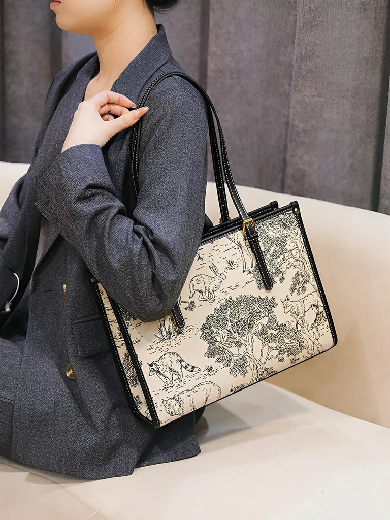 Sac cabas femme, épaule toile, grande capacité, tote bag motif animal, quotidien chic, modèle Prisca - Sac à main - Animaux de la forêt