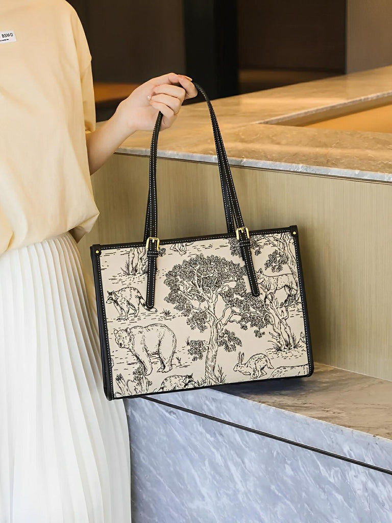 Sac cabas femme, épaule toile, grande capacité, tote bag motif animal, quotidien chic, modèle Prisca - Sac à main - Animaux de la forêt