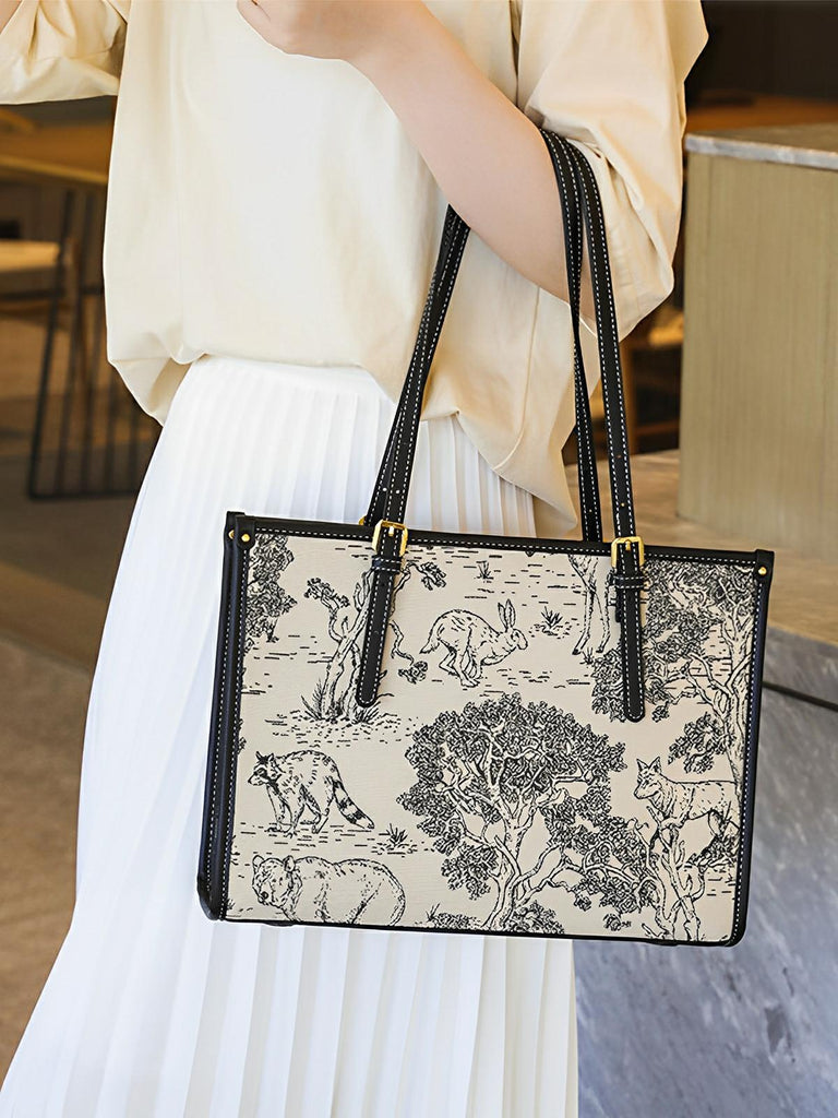 Sac cabas femme, épaule toile, grande capacité, tote bag motif animal, quotidien chic, modèle Prisca - Sac à main - Animaux de la forêt