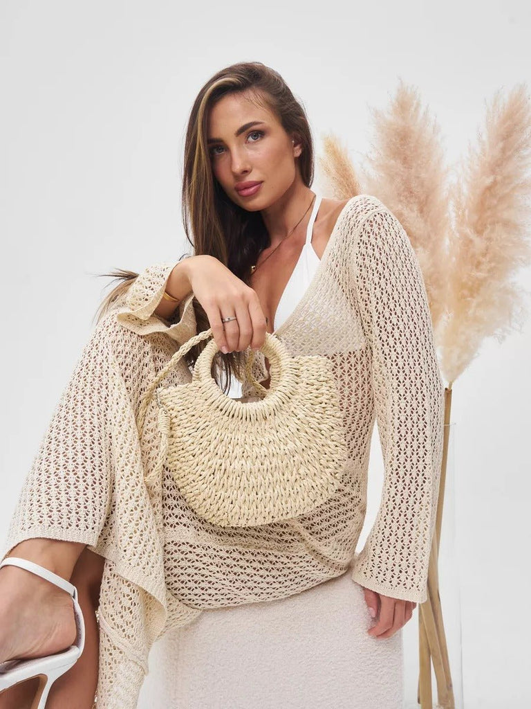 Sac de plage demi - lune en raphia, bandoulière d'été, sac à main rond tissé, idéal vacances, modèle Emilia - Sac de plage - Beige