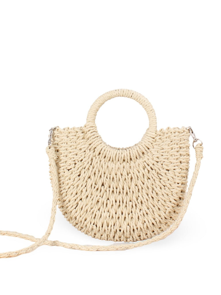 Sac de plage demi - lune en raphia, bandoulière d'été, sac à main rond tissé, idéal vacances, modèle Emilia - Sac de plage - Beige