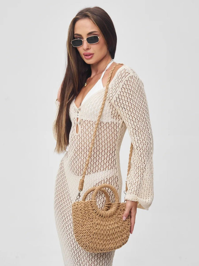 Sac de plage demi - lune en raphia, bandoulière d'été, sac à main rond tissé, idéal vacances, modèle Emilia - Sac de plage - Camel