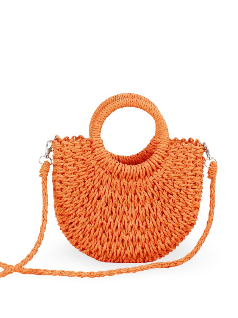 Sac de plage demi - lune en raphia, bandoulière d'été, sac à main rond tissé, idéal vacances, modèle Emilia - Sac de plage - Orange