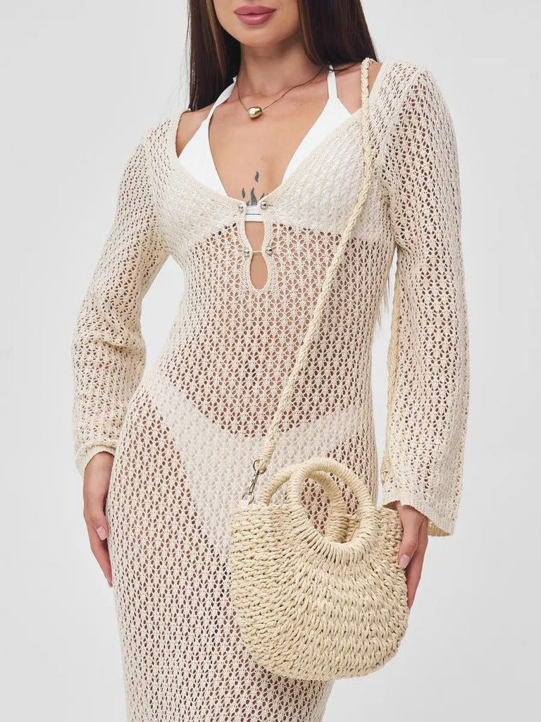 Sac de plage demi - lune en raphia, bandoulière d'été, sac à main rond tissé, idéal vacances, modèle Emilia - Sac de plage - Beige