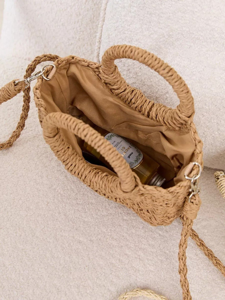 Sac de plage demi - lune en raphia, bandoulière d'été, sac à main rond tissé, idéal vacances, modèle Emilia - Sac de plage - Camel