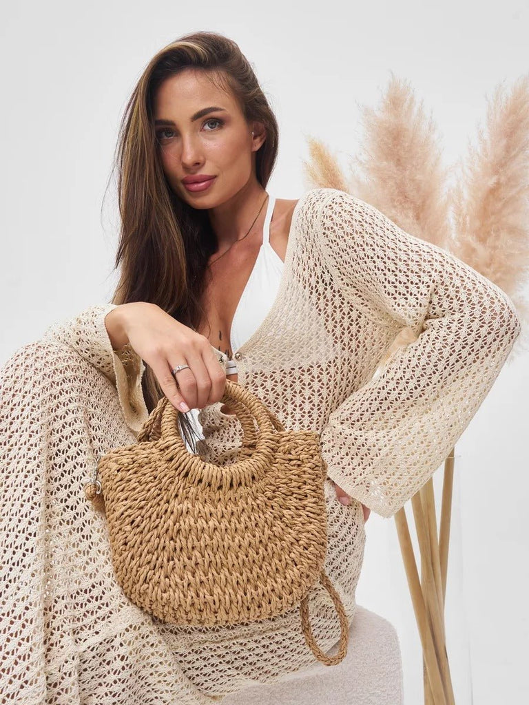 Sac de plage demi - lune en raphia, bandoulière d'été, sac à main rond tissé, idéal vacances, modèle Emilia - Sac de plage - Camel